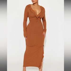 #149 light brown long sleeved midi dress